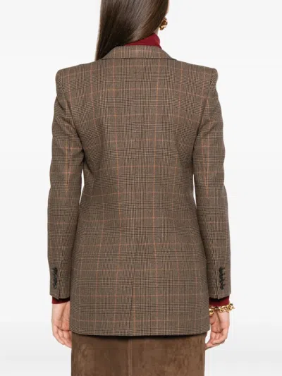 Saint Laurent Checked Single-breasted Blazer In Brown