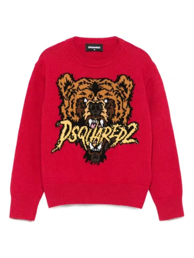 Dsquared2 Bear-motif Crew-neck Sweater In Red