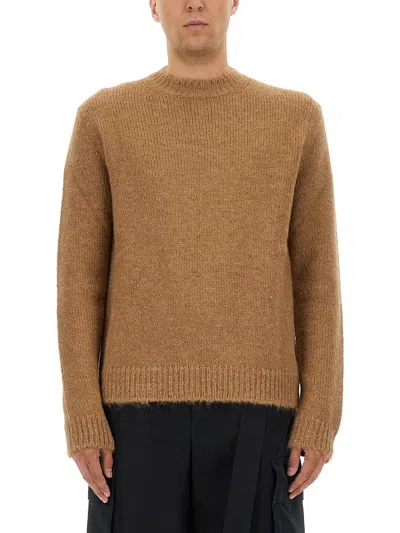 Jil Sander Brown Alpaca-wool Blend Crewneck Sweater With Ribbed Cuffs In Sand