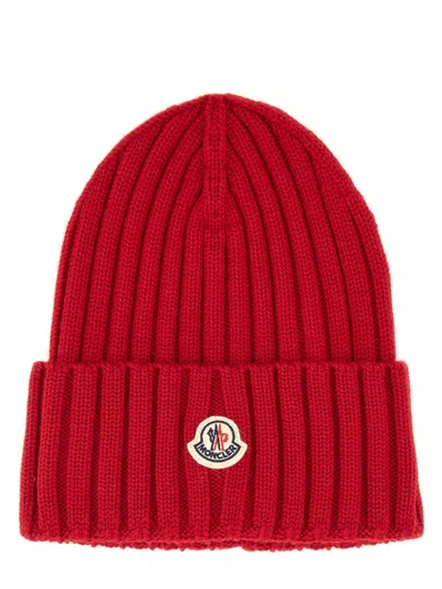 Moncler Cable-knit Wool Beanie With Logo In Burgundy In Red