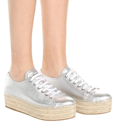 Shop Miu Miu Platform Metallic Leather Sneakers In Silver