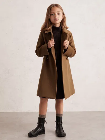 Reiss Camel 9-13 Yrs Wool-blend Double-breasted Coat In Brown