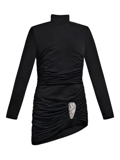 Area Crystal Cluster Ruched Turtleneck Mini Dress In Black