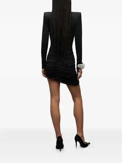 Area Crystal Cluster Ruched Turtleneck Mini Dress In Black