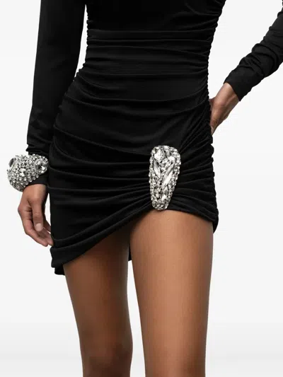Area Crystal Cluster Ruched Turtleneck Mini Dress In Black
