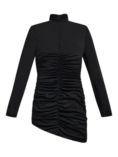 Area Crystal Cluster Ruched Turtleneck Mini Dress In Black