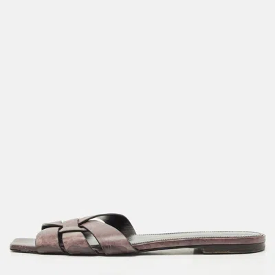 Pre-owned Saint Laurent Burgundy Leather Tribute Flat Slides Size 40