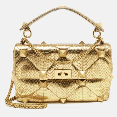Pre-owned Valentino Garavani Gold Watersnake Leather Roman Stud Top Handle Bag
