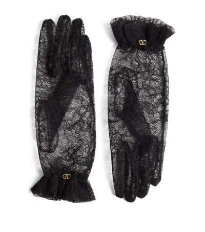 Valentino Lace Bow Sheer Fabric Gloves Signature In Black