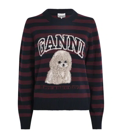 Ganni Graphic Wool Mix Poodle Stripe Crewneck Knitwear Multicolor In Black