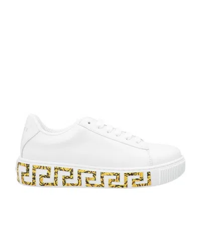 Versace Kids Round Toe Lace-up Sneakers In White