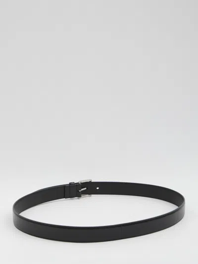 Saint Laurent Squared Buckle Smooth Leather Cassandre Thin Belt Accessories In Black
