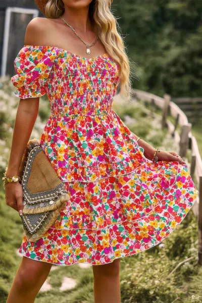 Truedames Floral Print Off Shoulder Flounce Sleeve Ruffle Hem Dress In Pink