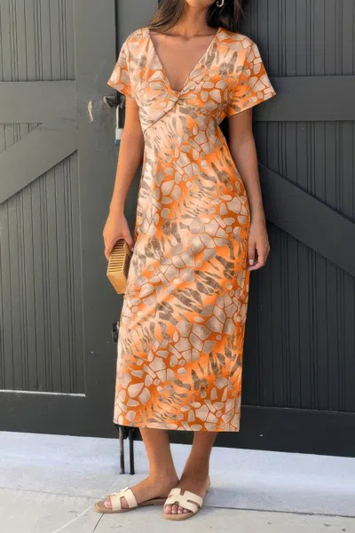 Truedames Geometric Print Twist Design Short Sleeve Fit Dress In Orange