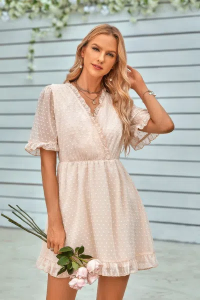 Truedames Solid Ruffle Hem Swiss Dot Short Sleeve Midi Dress In Neutral
