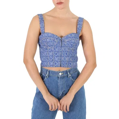 Moschino Ladies Fantasy Print Blue Monogram Denim Cropped Top In Multi