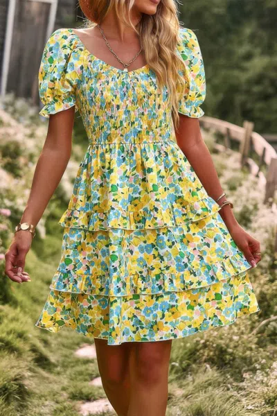 Truedames Floral Print Off Shoulder Flounce Sleeve Ruffle Hem Dress In Multi