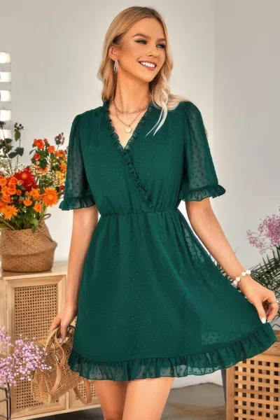 Truedames Solid Ruffle Hem Swiss Dot Short Sleeve Midi Dress In Green