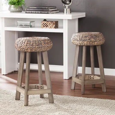 Sei Rutina Backless Round Water Hyacinth 24" Stools 2pc Set Weathered Gray