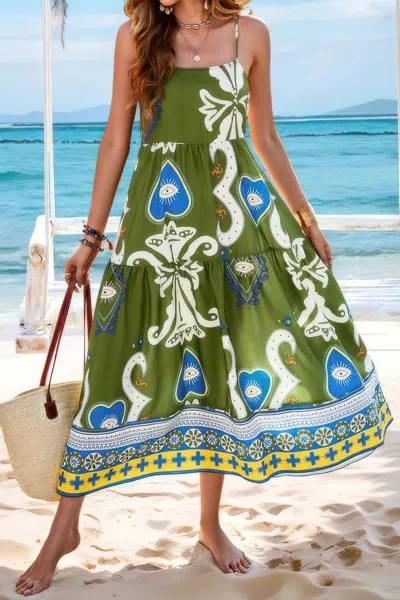 Truedames Sleeveless Eyeball Print Spaghetti Strap Dress In Green