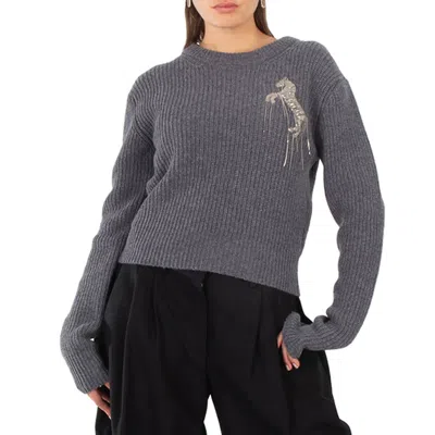 Stella Mccartney Grey Wool Cropped Horse Chain Embroidered Jumper In Gray