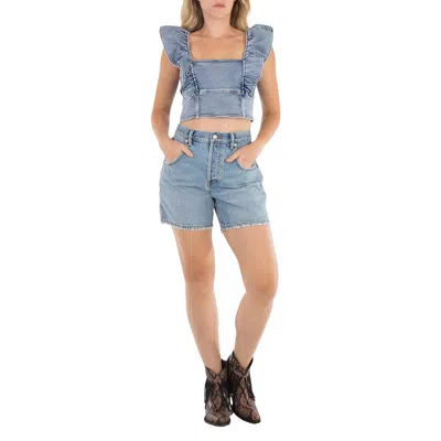 Ganni Stretch Denim Cropped Ruffle Top In Multi