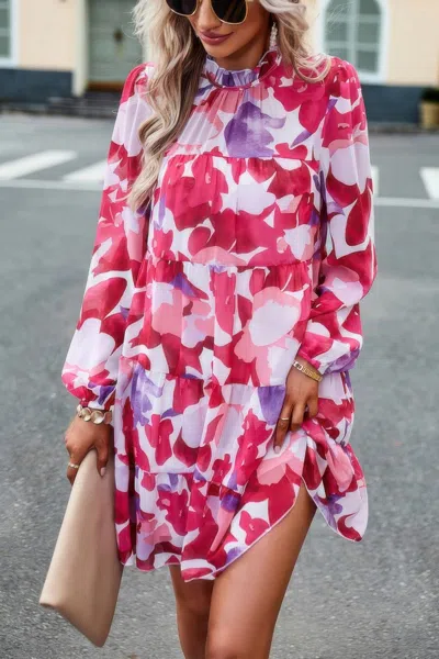 Truedames Ruffle Neck Abstract Print Long Sleeve Tiered Dress In Multi