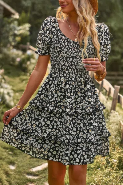 Truedames Floral Print Off Shoulder Flounce Sleeve Ruffle Hem Dress In Multi