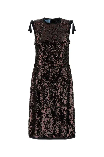 Prada Sleeveless Sequin Embellished Dress And Bow In Brown