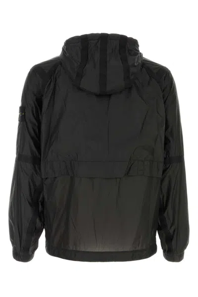 Stone Island Nylon Windbreaker With Hood And Pockets In Black