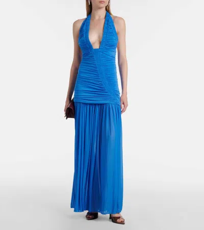 Christopher Esber Orion Open-back Ruched Mesh Gown In Blue
