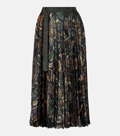 Sacai Womens Navy Floral Pleated Woven Midi Skirt In Black