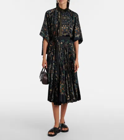 Sacai Womens Navy Floral Pleated Woven Midi Skirt In Black