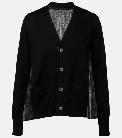 Sacai Knit Wool Cardigan With Pleated Chiffon Back In Black