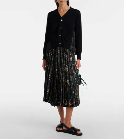 Sacai Knit Wool Cardigan With Pleated Chiffon Back In Black