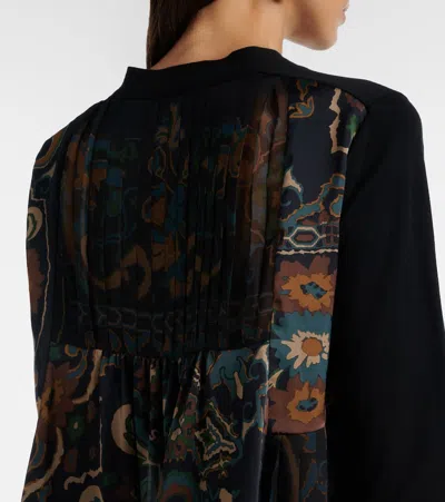 Sacai Knit Wool Cardigan With Pleated Chiffon Back In Black