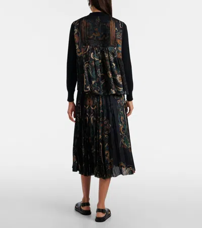 Sacai Knit Wool Cardigan With Pleated Chiffon Back In Black