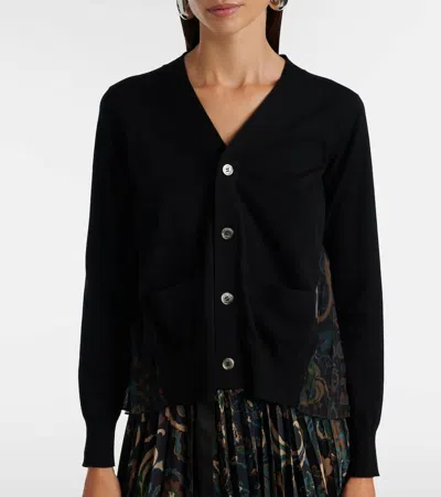 Sacai Knit Wool Cardigan With Pleated Chiffon Back In Black