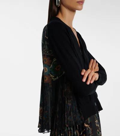 Sacai Knit Wool Cardigan With Pleated Chiffon Back In Black