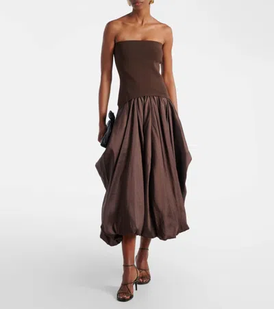 Simkhai Izzy Strapless Taffeta Midi Dress In Brown