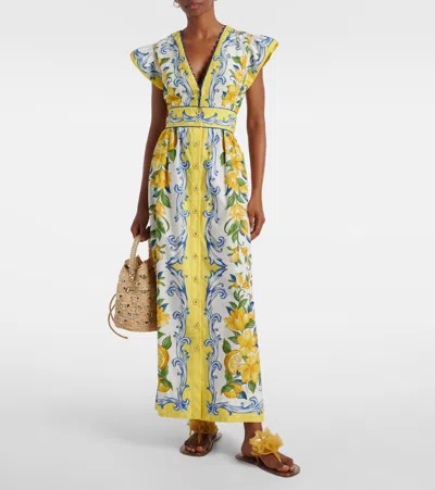 Farm Rio Off-white Sicily Scarf Organic Cotton Maxi Dress In Yellow