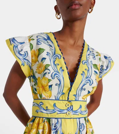 Farm Rio Off-white Sicily Scarf Organic Cotton Maxi Dress In Yellow