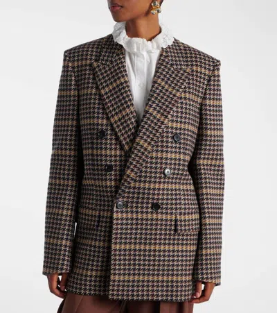 Saint Laurent Brown Double-breasted Jacket With Notched Revers And All-over Check Motif In Wool Woman