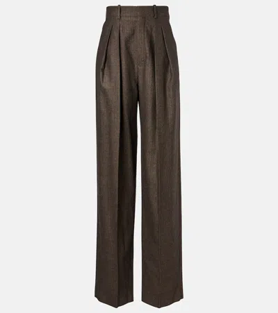 Saint Laurent Wide-leg Pants In Herringbone Wool In Brown