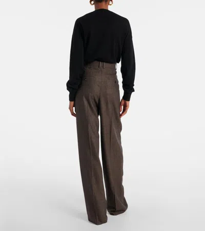 Saint Laurent Wide-leg Pants In Herringbone Wool In Brown