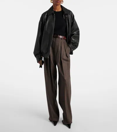 Saint Laurent Wide-leg Pants In Herringbone Wool In Brown