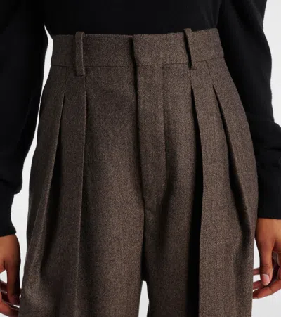 Saint Laurent Wide-leg Pants In Herringbone Wool In Brown