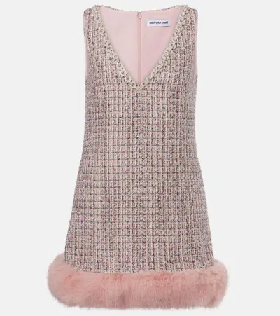Self-portrait Pink Bouclé Faux Fur Hem Minidress In Pink