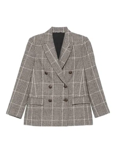 Brunello Cucinelli Alpaca And Wool Prince Of Wales Double-breasted Blazer With Monili In Brown