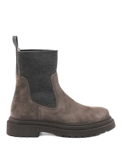 Brunello Cucinelli Women Suede Boot With Knitted Insert And Precious Loop Detail In Brown